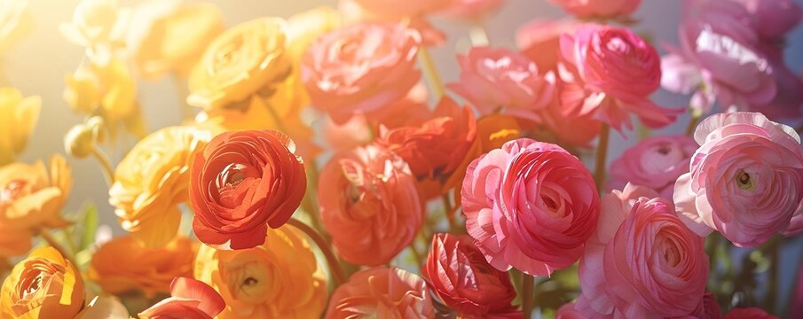 Rainbow Ranunculus Floral Flat Lay Background