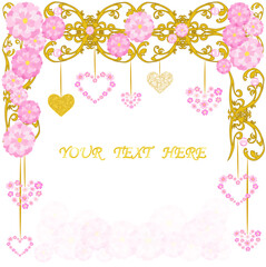 Beautiful vector wedding invitation card. Romantic delicate background with a frame and hearts of golden patterns, flowers, pink beads, hearts of flowers, a place for your text on a white background