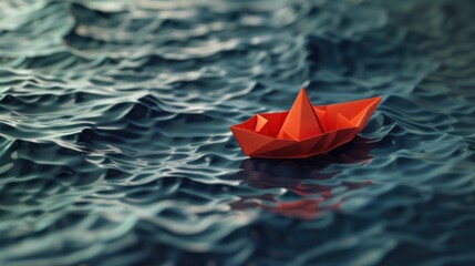 A Red paper boat origami on the ocean water. AI generated image