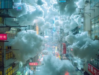 A cityscape with clouds and neon signs. The clouds are white and fluffy, and the neon signs are bright and colorful. Scene is dreamy and surreal, as if the city is floating in the sky