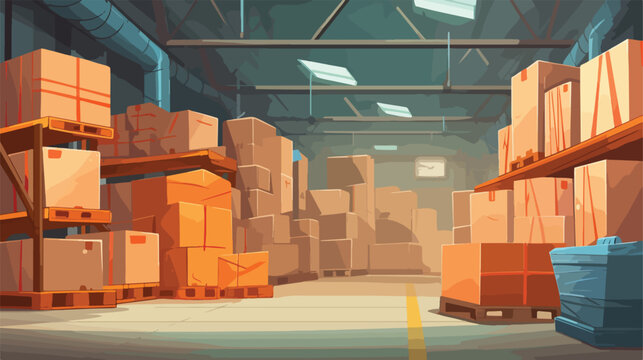 Interior of large warehouse with goods in wooden co