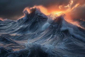 Dramatic storm clouds brood over tumultuous ocean waves, capturing a moment of nature's powerful and untamed beauty.