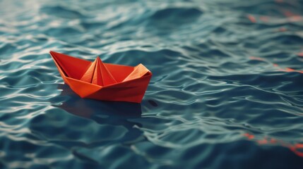 A Red paper boat origami on the ocean water. AI generated image - obrazy, fototapety, plakaty