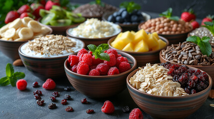 Healthy breakfast bowls with nuts, dried fruit, fresh fruit and muesli.