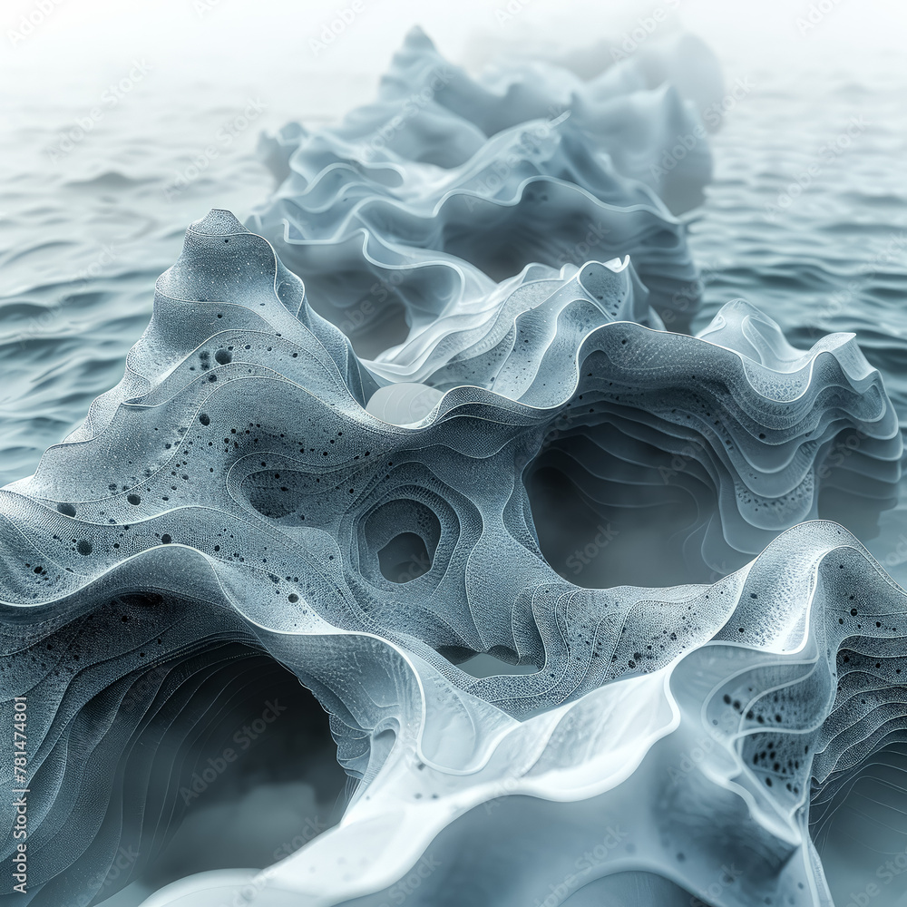 Poster the image is a computer generated image of a large ice formation in the ocean. the ice formation is 