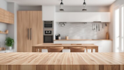 wooden table top on blur kitchen room background modern contemporary kitchen room interior