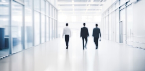 Executive Team Walking Through Corporate Headquarters. Leadership and Strategy Concept. White Blurred Business background - obrazy, fototapety, plakaty