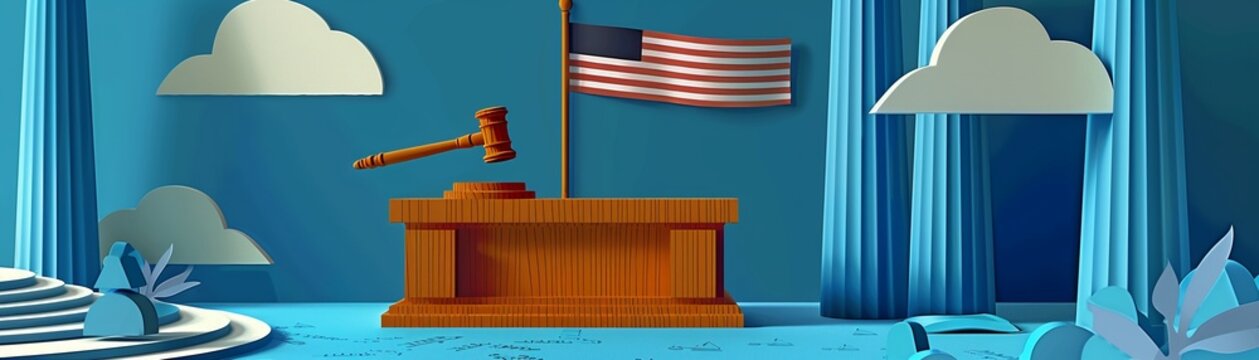 A classic courtroom scene with a gavel on an aged oak table, the flag in the background, representing the solemnity of law.