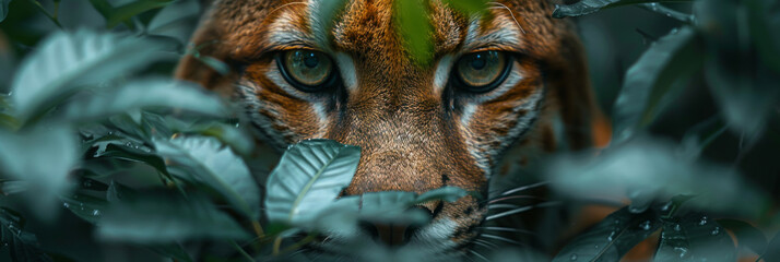 Intense Tiger Gaze Through Lush Green Foliage in Natural Habitat - obrazy, fototapety, plakaty