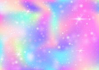 Hologram background with rainbow mesh. Liquid universe banner in princess colors. Fantasy gradient backdrop. Hologram unicorn background with fairy sparkles, stars and blurs.