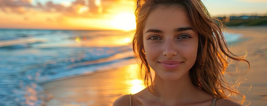 ugc selfie of tanned young woman on the beach at sunset