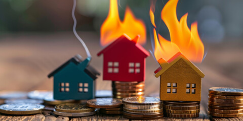 Fototapeta na wymiar Flaming Houses on Stacked Coins Against Wooden Background