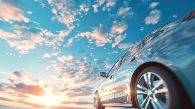 Side view a car with blue sky with clouds reflection at evening day background. AI generated image
