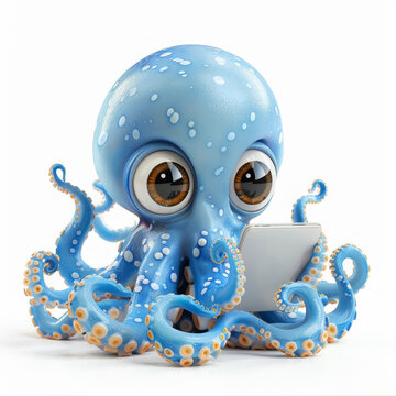 A blue octopus holding a laptop