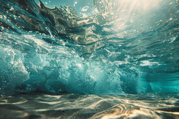The crystal-clear barrel of a wave captured from inside, with a sunny blue sky above and sparkling water all around. - obrazy, fototapety, plakaty