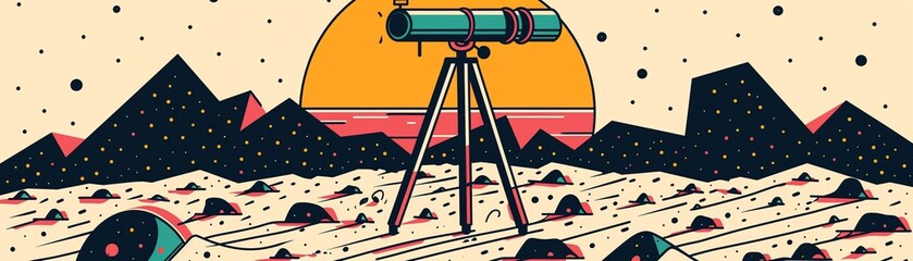 An observatory telescope aimed at a moon, on its surface, a projection of rising Bitcoin values and stock market indices. - obrazy, fototapety, plakaty