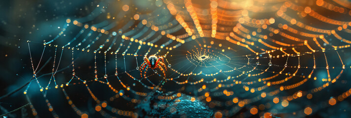 Vibrant Spider on Dewy Web: A Macro Photography Scene