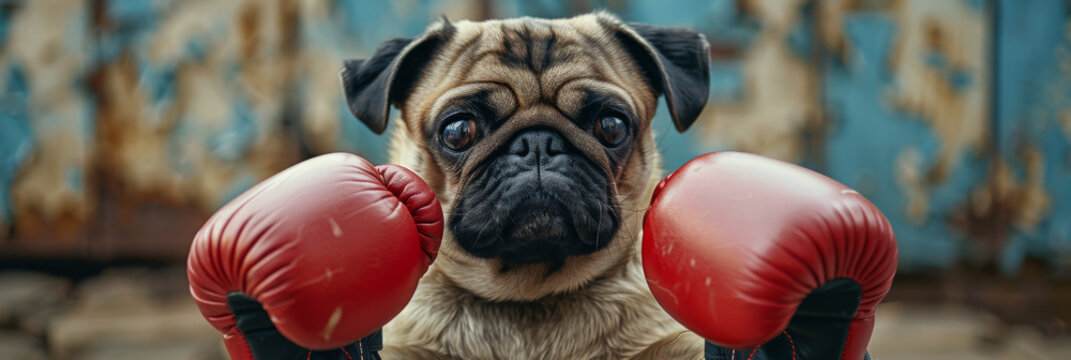 Determined Pug with Boxing Gloves Ready for Training