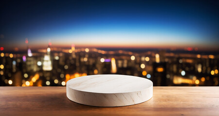 Clean wooden disk before a night city skyline; apt for showcasing accessories.