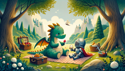 Little dragon and knight sit together during a picnic in a magical setting, signifying bonds of unlikely allies. - obrazy, fototapety, plakaty