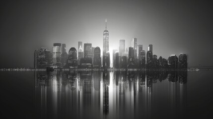Fototapeta na wymiar Monochrome Cityscape Reflection on Water at Night