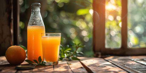 Refreshing Orange Juice Bottle and Glass on Rustic Wooden Table in Sunlight