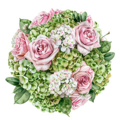 bouquet rotondo  di rose rosa e ortensie bianche e verdi, design fiorito per matrimonio , stile acquerello  retrò ,PNG - obrazy, fototapety, plakaty