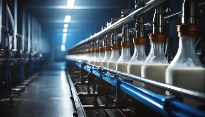 Fototapeta premium Equipment dairy plant, milk factory industry. Modern factory background. Conveyor with milk production line. Close up detail of industrial equipment 