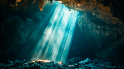A mysterious passage in the cave illuminated by delicate rays of sunlight. Tajemnicze przejście w jaskini oświetlone delikatnymi promieniami słońca - obrazy, fototapety, plakaty