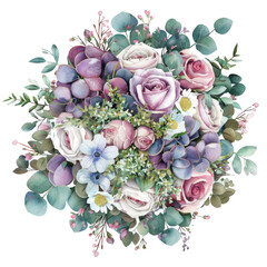 bouquet rotondo stile acquerello  di violette bianche, rose rosa, foglie di eucaliptus e fiori di camomilla e ortensie giapponesi verdi, disegno floreale per matrimonio - obrazy, fototapety, plakaty