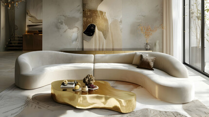 Modern living room interior design with a minimalist theme. A golden coffee table and a plush curved sofa