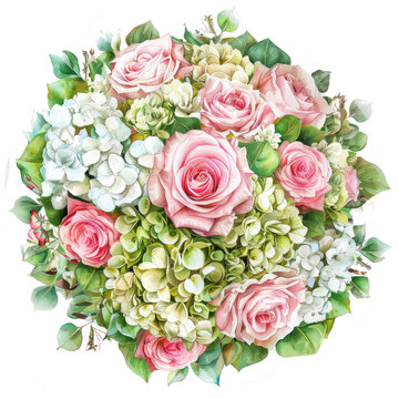 bouquet rotondo  di rose rosa e ortensie bianche e verdi, design fiorito per matrimonio , stile acquerello  retrò ,PNG