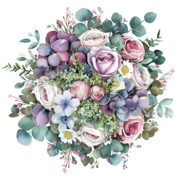 bouquet rotondo stile acquerello  di violette bianche, rose rosa, foglie di eucaliptus e fiori di camomilla e ortensie giapponesi verdi, disegno floreale per matrimonio