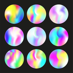 Gradient round set with holographic mesh. Abstract hologram. Plastic gradient round set. Minimalistic 90s, 80s retro style graphic template for placard, presentation, banner, brochure.