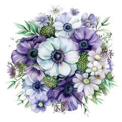 bouquet rotondo in stile acquerello di anemoni ,  fiori di camomilla e ortensie giapponesi verdi, design floreale per matrimoni, png