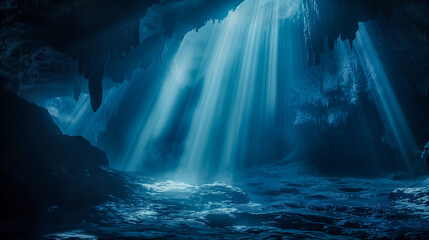 A mysterious passage in the cave illuminated by delicate rays of sunlight. Tajemnicze przejście w jaskini oświetlone delikatnymi promieniami słońca