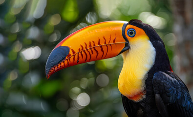 Naklejka premium A colorful bird with a long beak is looking at the camera. The bird is yellow and black with a blue eye. Portrait of a tropical toucan bird