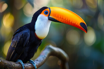 Fototapeta premium A colorful bird with a long beak is looking at the camera. The bird is yellow and black with a blue eye. Portrait of a tropical toucan bird