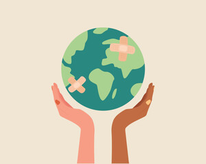 Different race hands holding globe, earth with band aid. Earth day vector illustration for poster, banner,print,web. Saving the planet,environment together.Modern cartoon flat style illustration