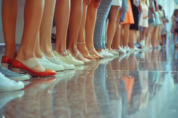 Diverse Lineup of People Standing in Queue on Shiny Floor