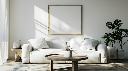 Modern living room interior design in a Scandinavian home. Round coffee table and white sofa against poster-framed wall