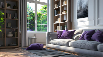 Modern living room interior design with a sofa and violet pillows next to a window, bookcases, and...