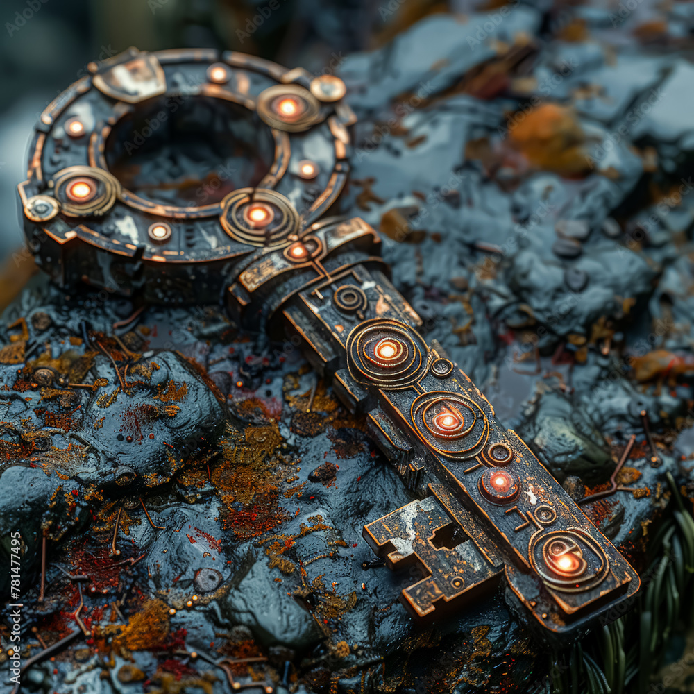 Poster a key with a gold and blue design sits on a black surface. the key is old and worn, with a black and