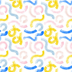Obraz premium Cute colorful line doodle seamless pattern with squiggle. Creative minimalist style art background for children or trendy design with basic shapes. Simple party brush crayon confetti texture, childish