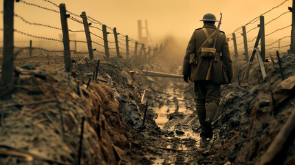 A soldier walking in the trenches. War, soldier