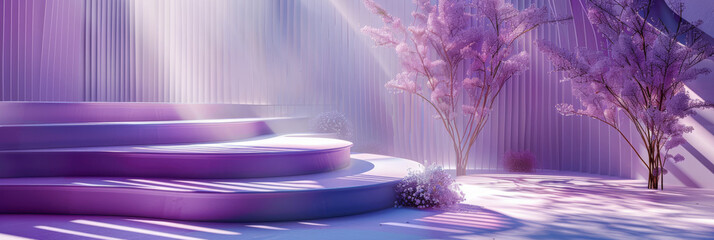 Serene Purple Landscape with Cherry Blossoms and Ethereal Light Rays