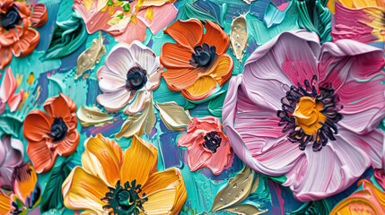 A painting of a flower garden with a variety of colors