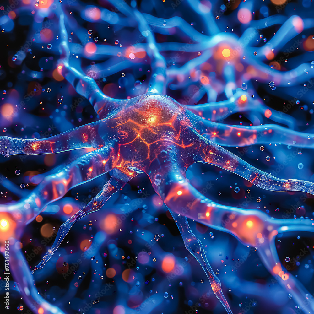 Poster a close up of a brain with a blue and orange color scheme. the image is abstract and surreal, with a