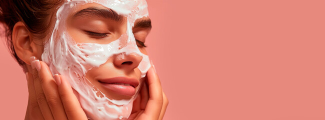 Woman with face covered in foamy cleanser, eyes closed in relaxation, conveying the concept of skincare routine. Banner. Copy space