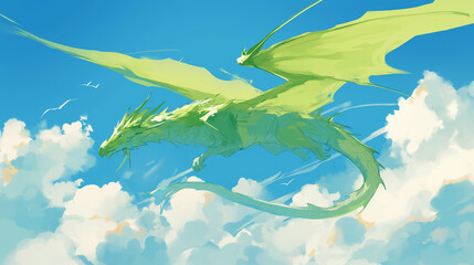 Fototapeta na wymiar Dragão verde voando no céu azul - Ilustração